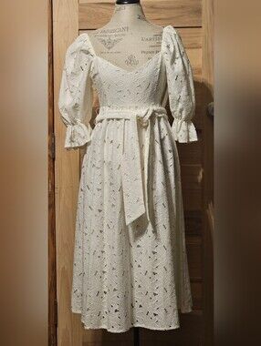 Women's Ivory Eyelet Midi Dress with Puff Sleeves